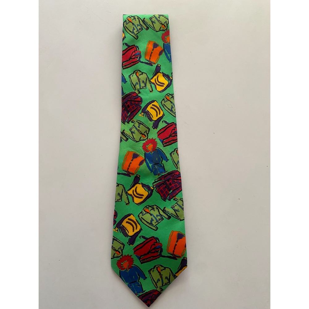 Vintage Gap Green Italian Silk Tie Winter Jacket Novelty Print Illustrated Mens